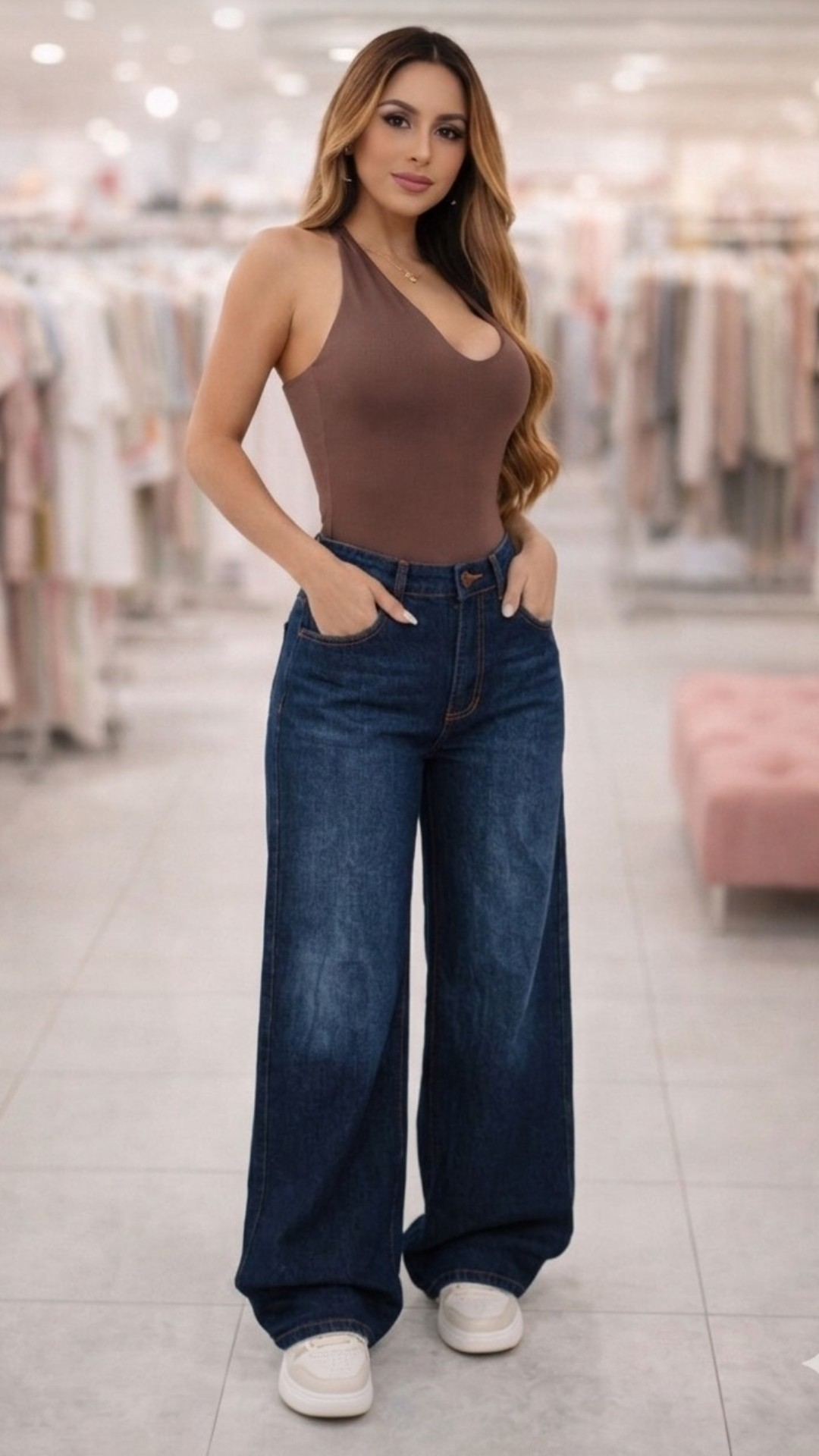 Jeans Baggy Tiro Alto Estilo Relajado