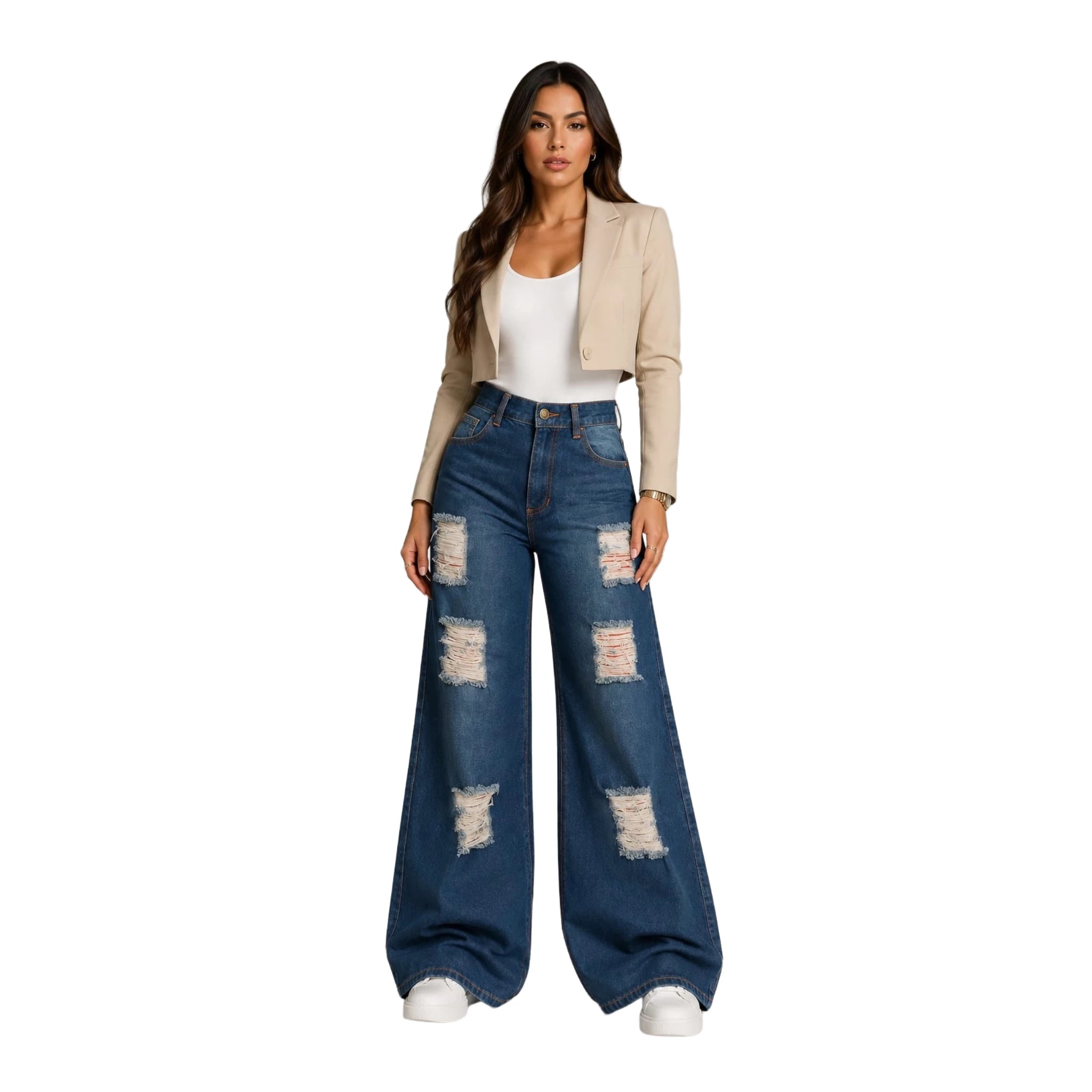 Jean Wide Leg Rígido azul con desgastes premium