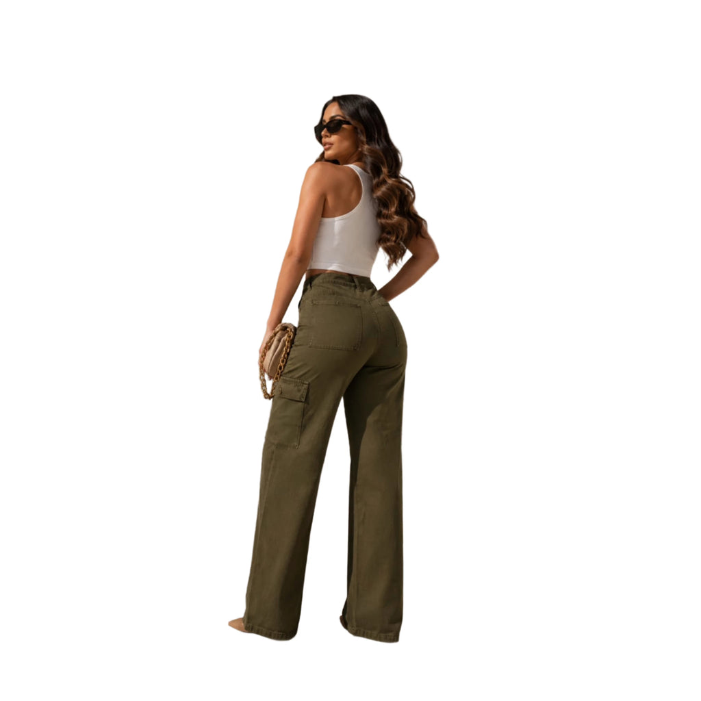 Jean Cargo Wide Leg Verde Oliva para Mujer | Denim Rígido | BISOU TRENDY