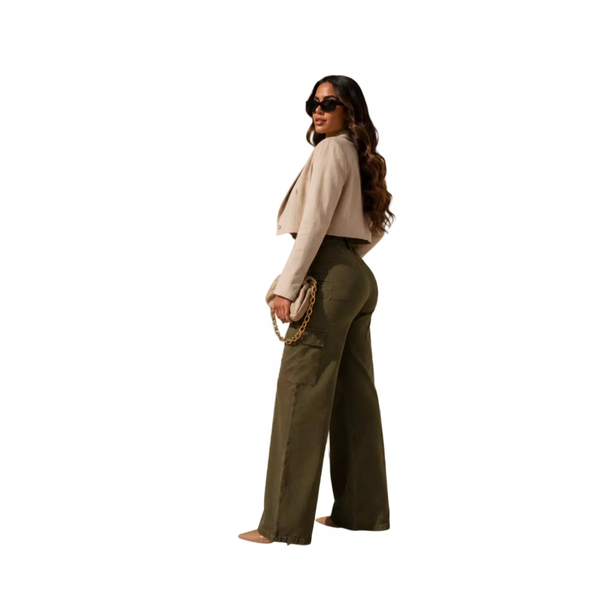 Jean Cargo Wide Leg Verde Oliva para Mujer | Denim Rígido | BISOU TRENDY
