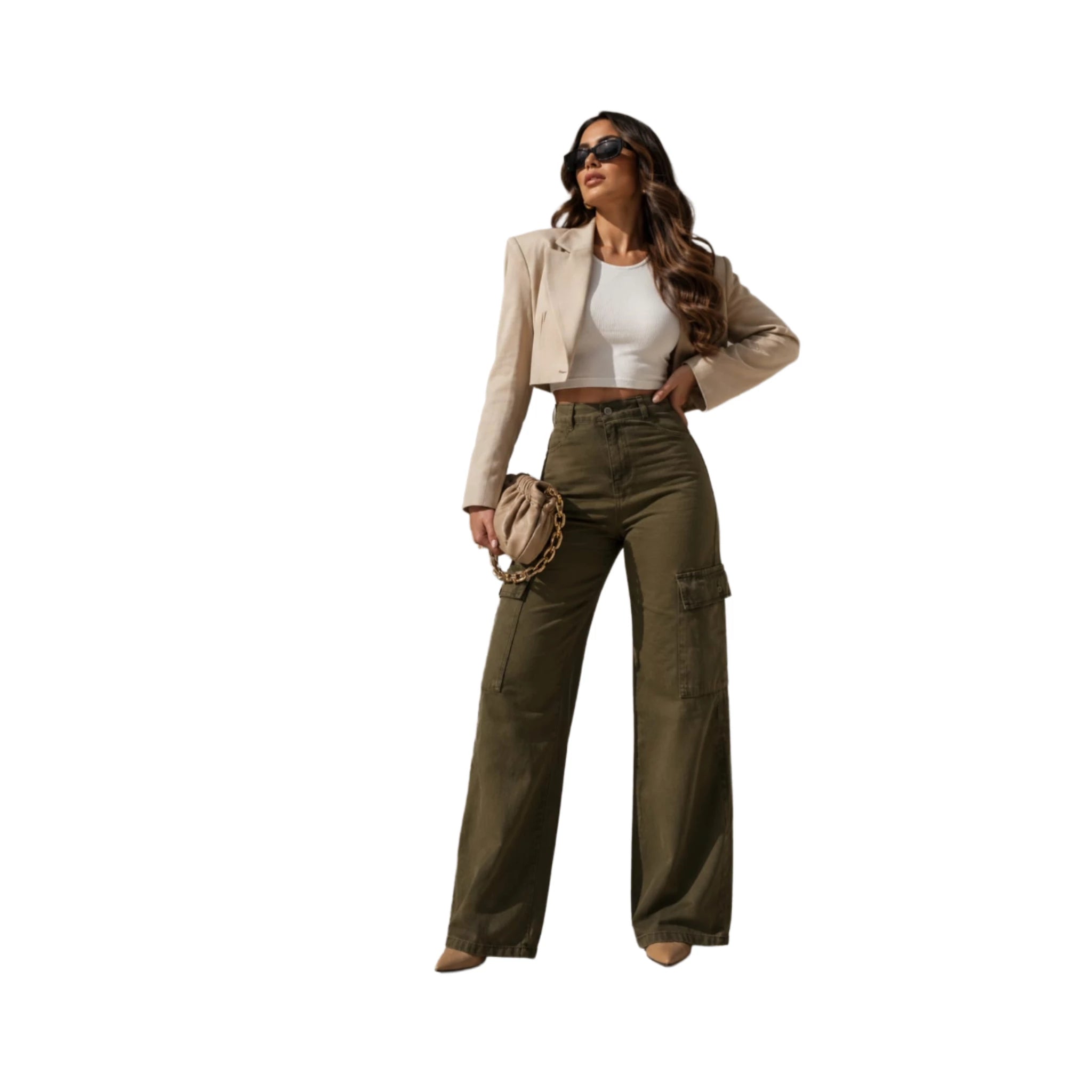 Jean Cargo Wide Leg Verde Oliva para Mujer | Denim Rígido | BISOU TRENDY