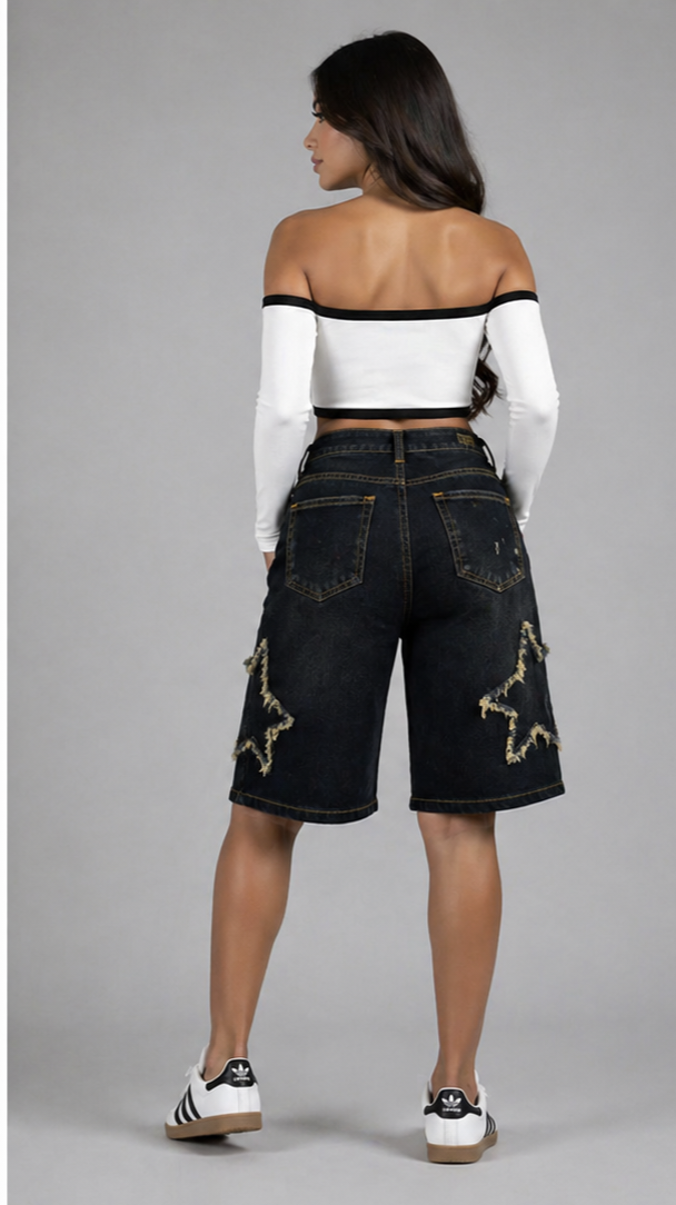 Bermuda Denim "Star Street" – Estilo Jorts con Apliques de Estrellas
