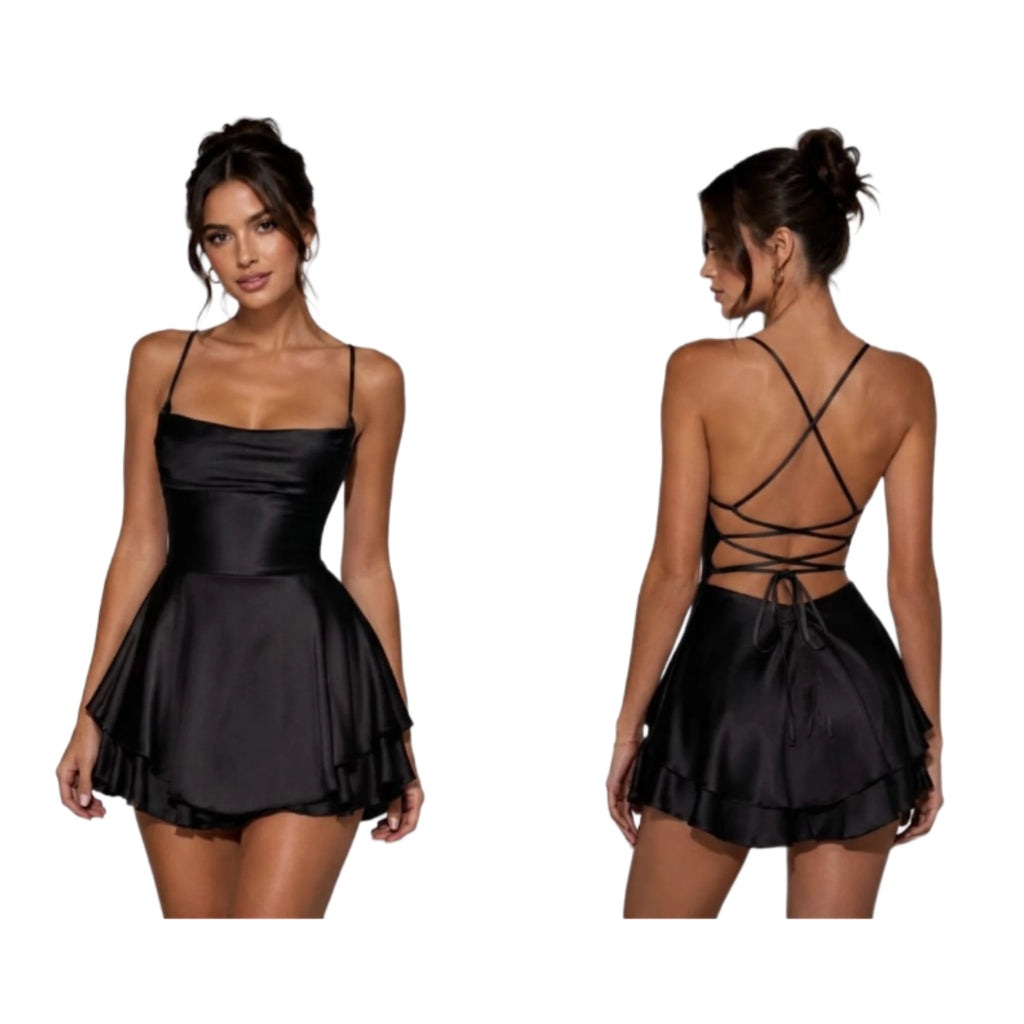 Vestido Mini de Satén con Falda Volante