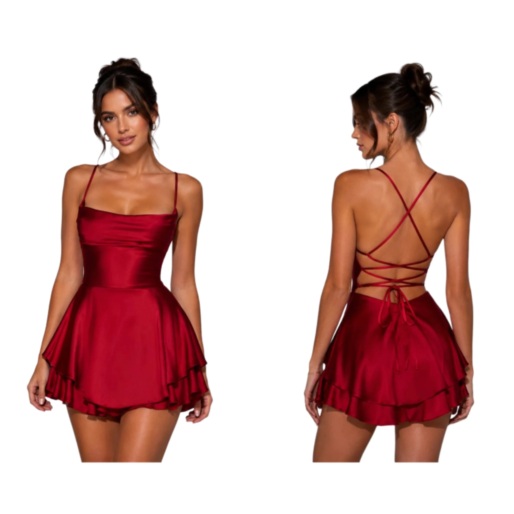 Vestido Mini de Satén con Falda Volante